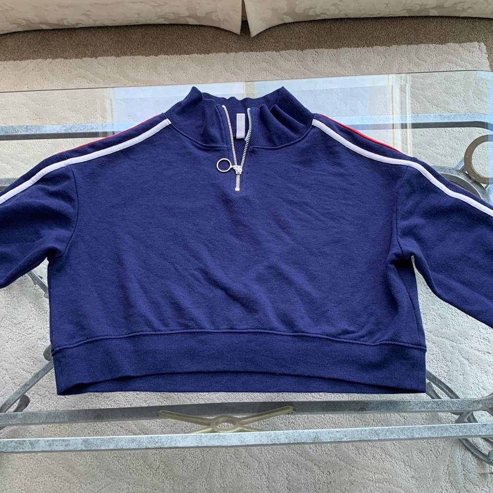 Beautiful navy blue crew neck with embroidered stripes on arms